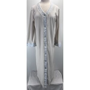 Vtg Diamond Tea Velvet Robe Sz Medium Women's Ivory Blue Jacquard Trim Pockets